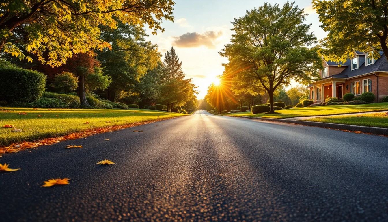 Fresh black asphalt driveway glowing in warm evening light