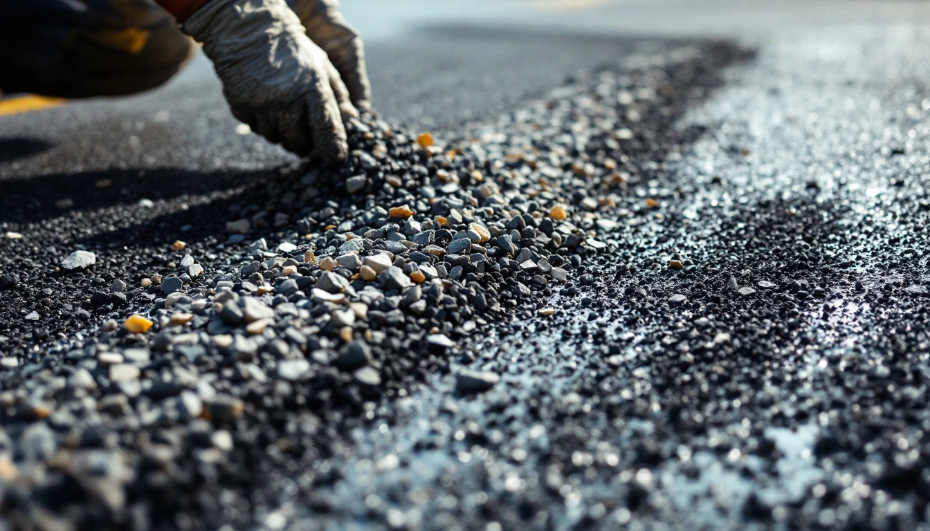 Loose stone chips spread over fresh hot binder during chip seal work