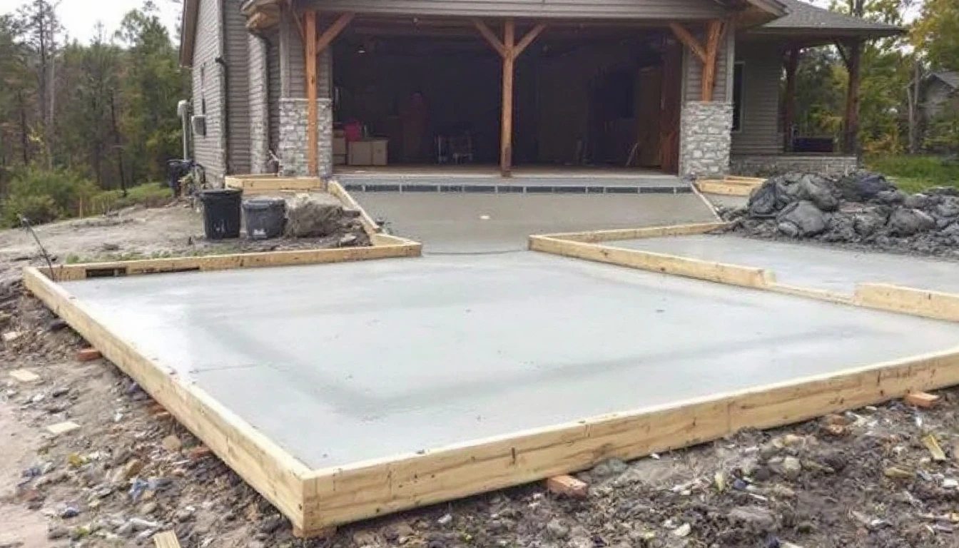 Freshly poured concrete drive still framed by wooden edge forms