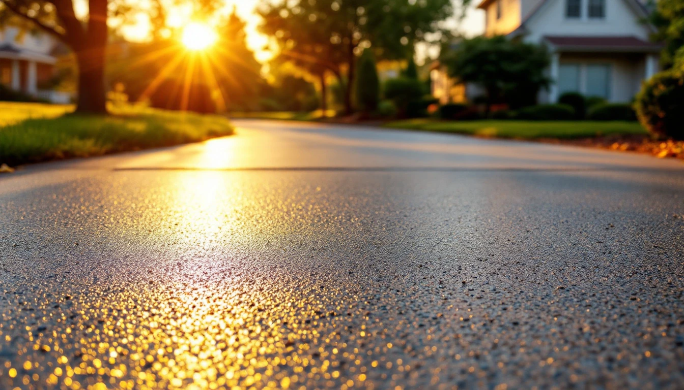 Fresh concrete driveway curing under warm low evening light
