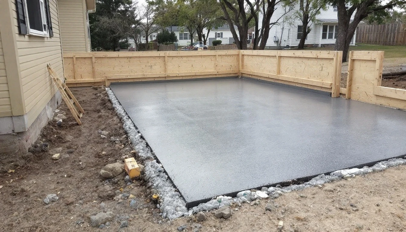 Freshly poured concrete driveway still framed by wooden edge forms