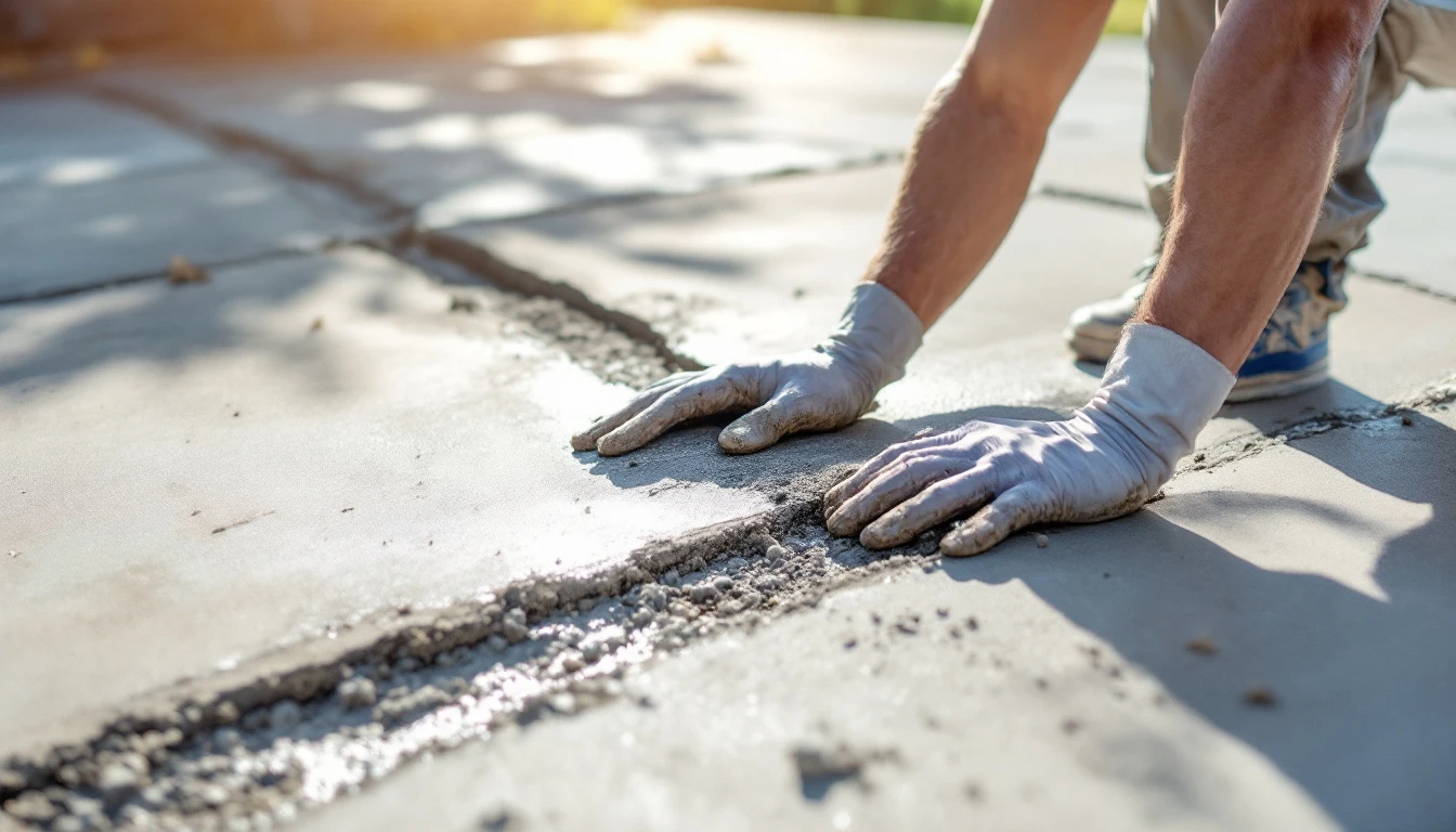 Fresh concrete repair patch meeting an older driveway slab