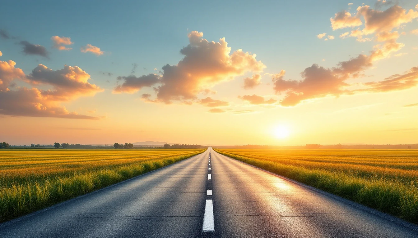 Fresh concrete drive stretching toward open pasture land