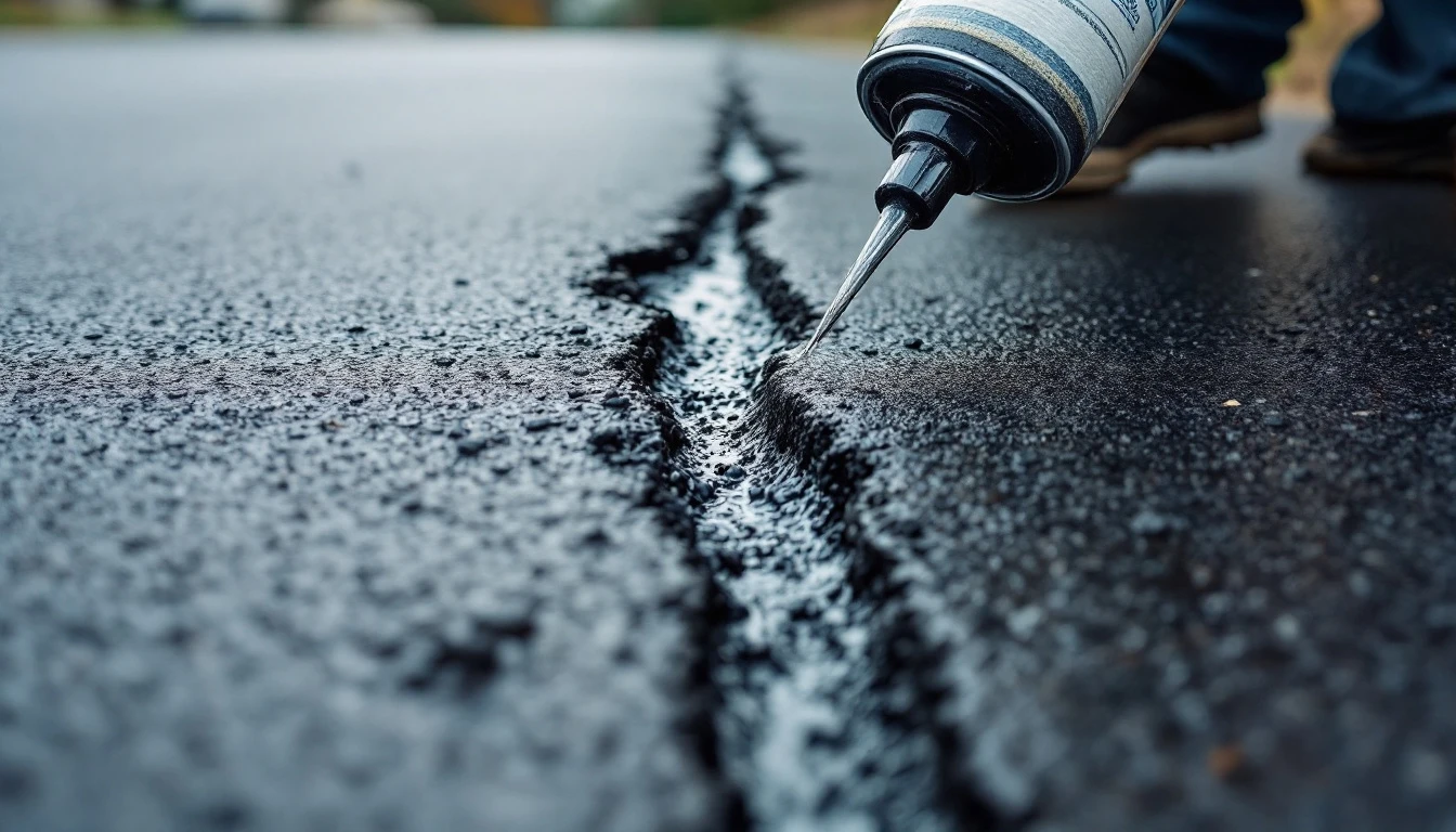 Fresh sealant filling a long crack across an asphalt drive