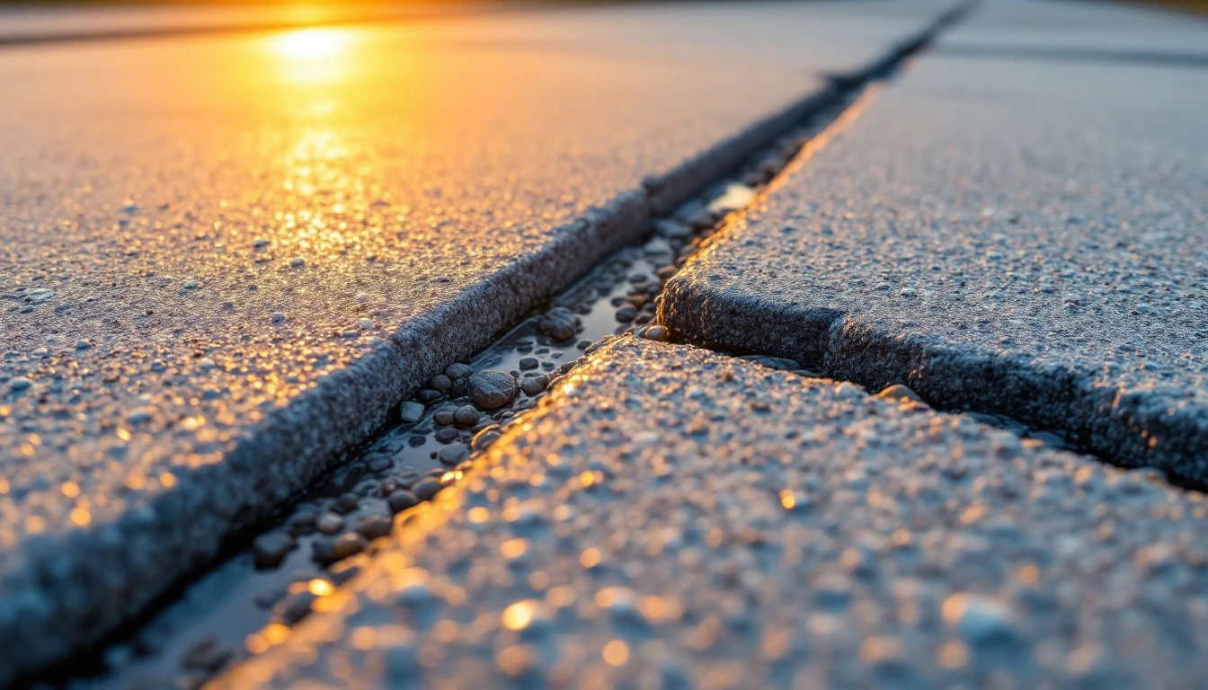 Fresh expansion joint groove crossing smooth concrete in golden light