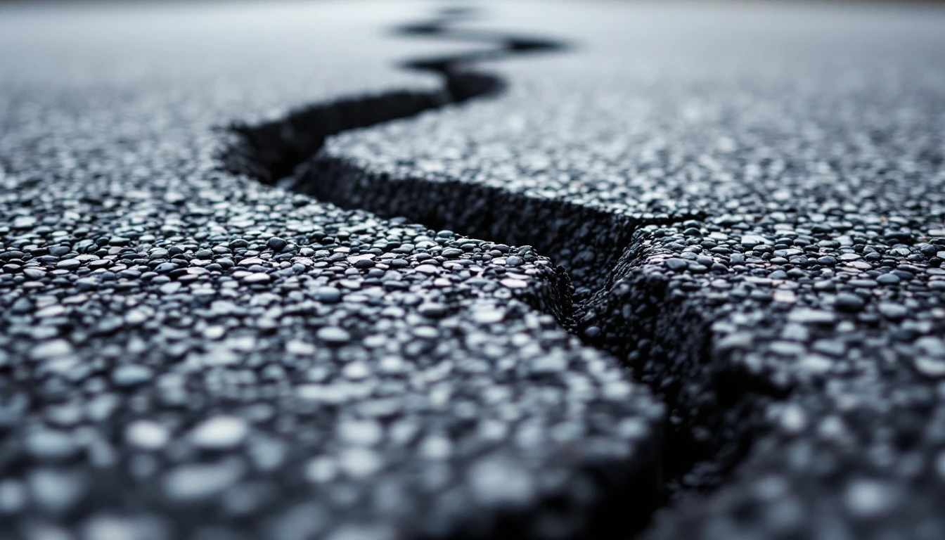 Fresh dark filler following a winding crack through gray asphalt