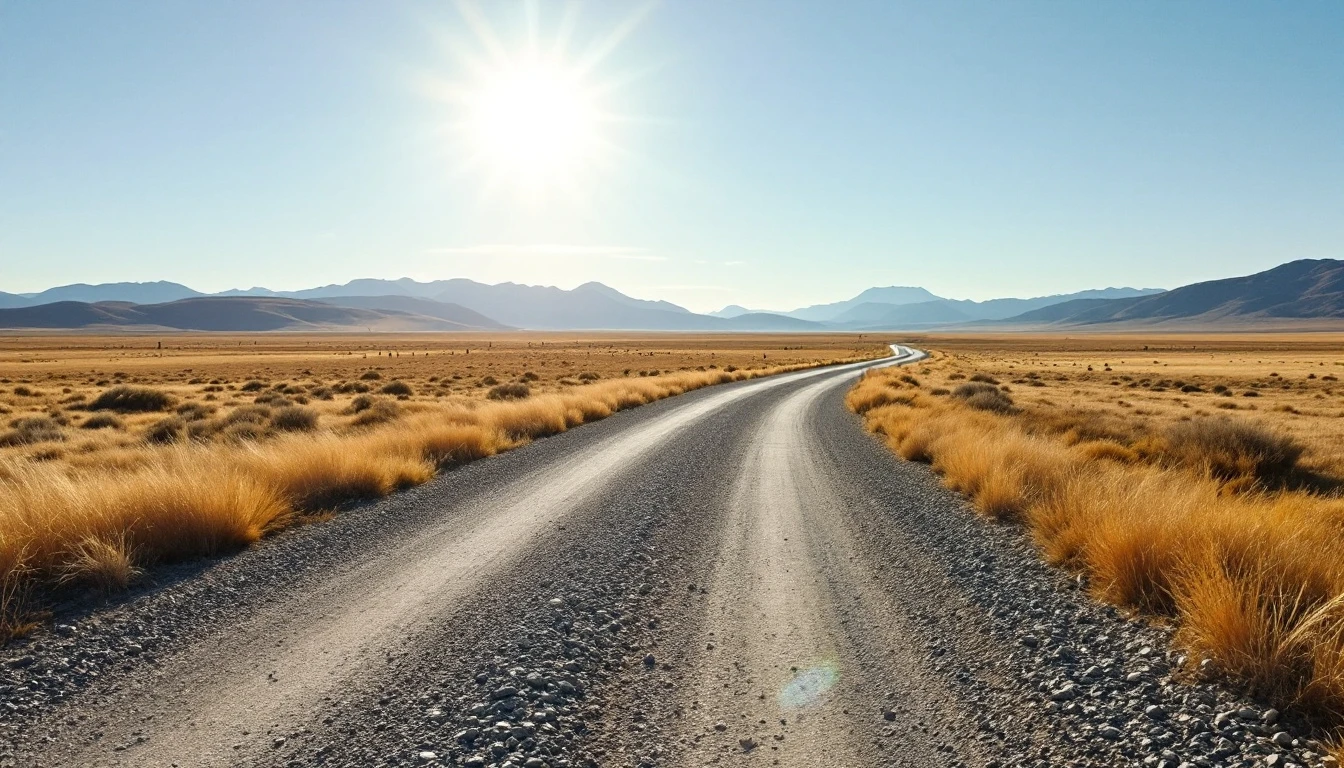 Smooth graded gravel drive crossing open rangeland in bright midday sun