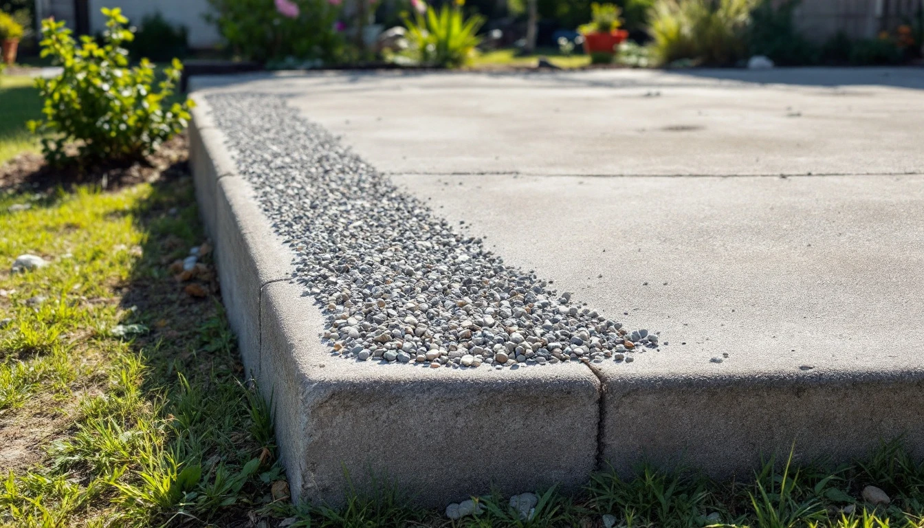 Fresh gravel spread over the edge of an old concrete slab