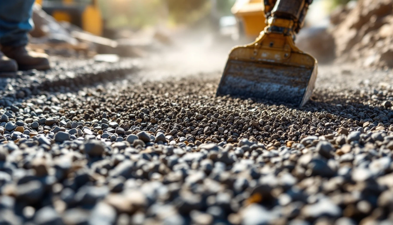 Freshly dumped gravel being spread into a smooth even layer
