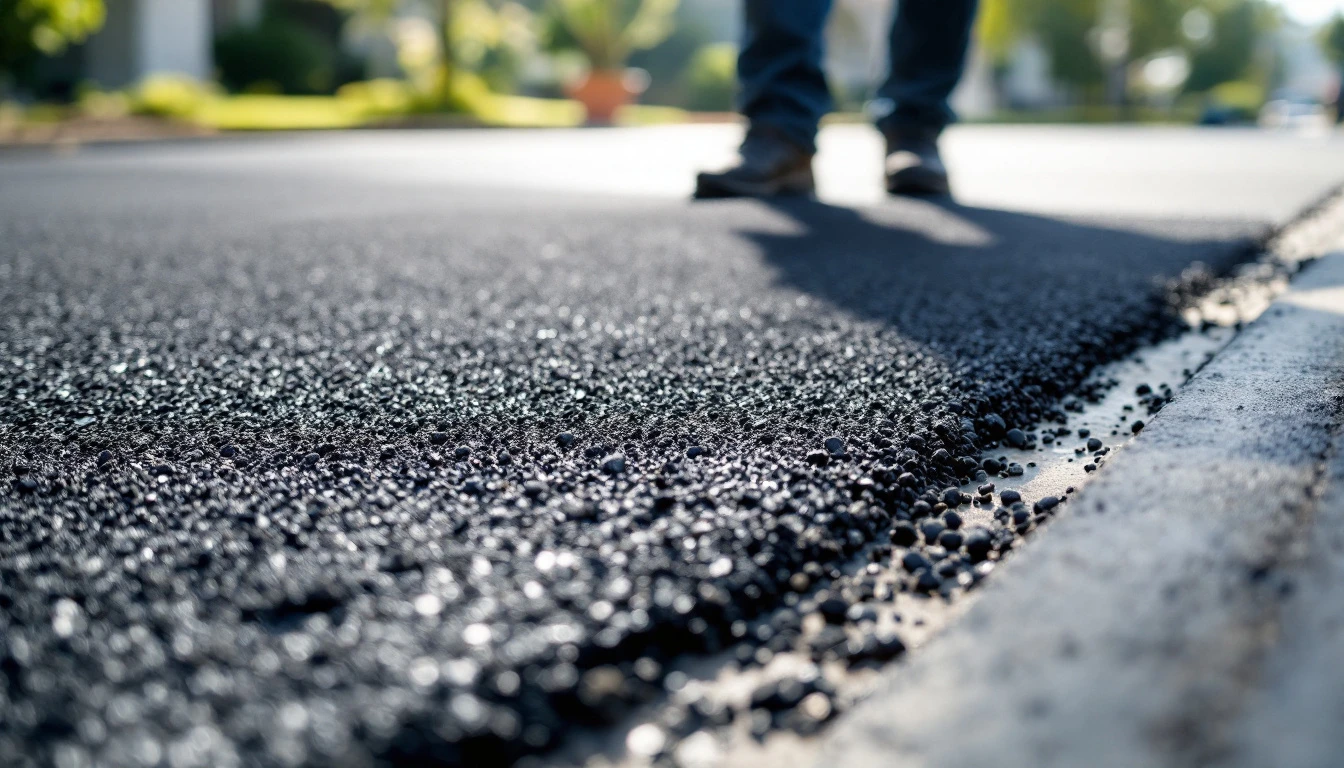 Low view of fresh asphalt being compacted on a driveway base