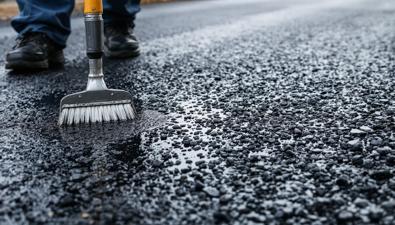 Fresh thin dark coating spread across an asphalt drive surface