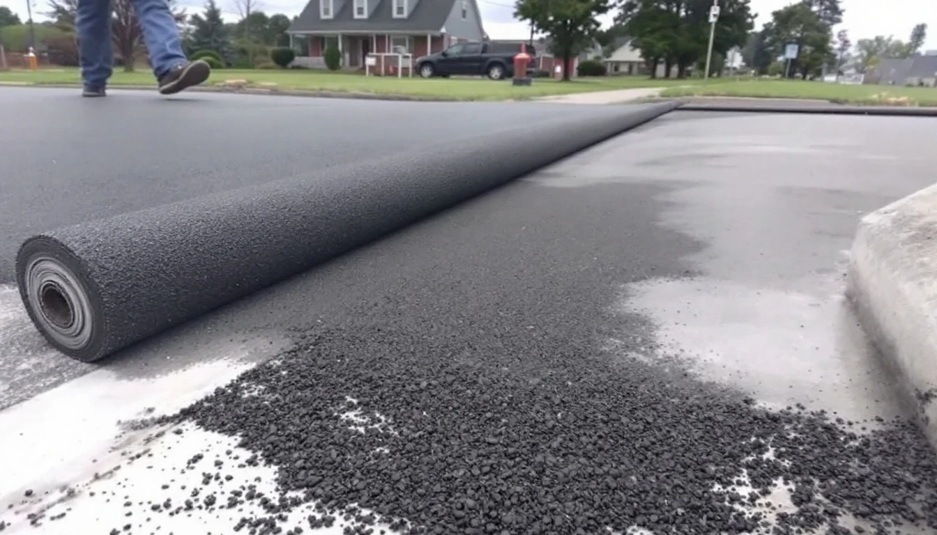 Fresh asphalt overlay rolled along the edge of older pavement