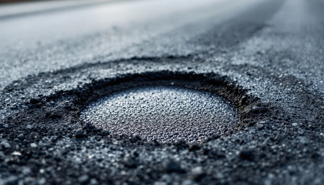 Fresh asphalt patch tamped beside an open pothole awaiting repair