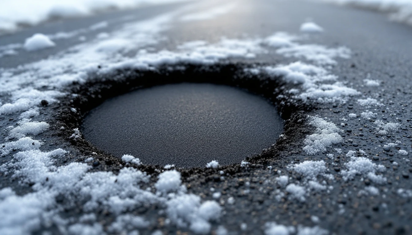 Fresh black patch filling a pothole rimmed with melting snow