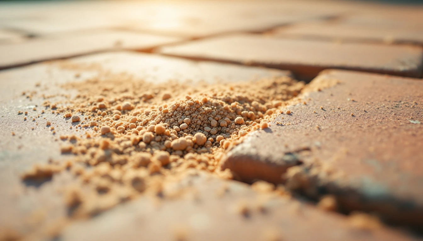 Fresh joint sand swept between interlocking pavers in bright sunlight