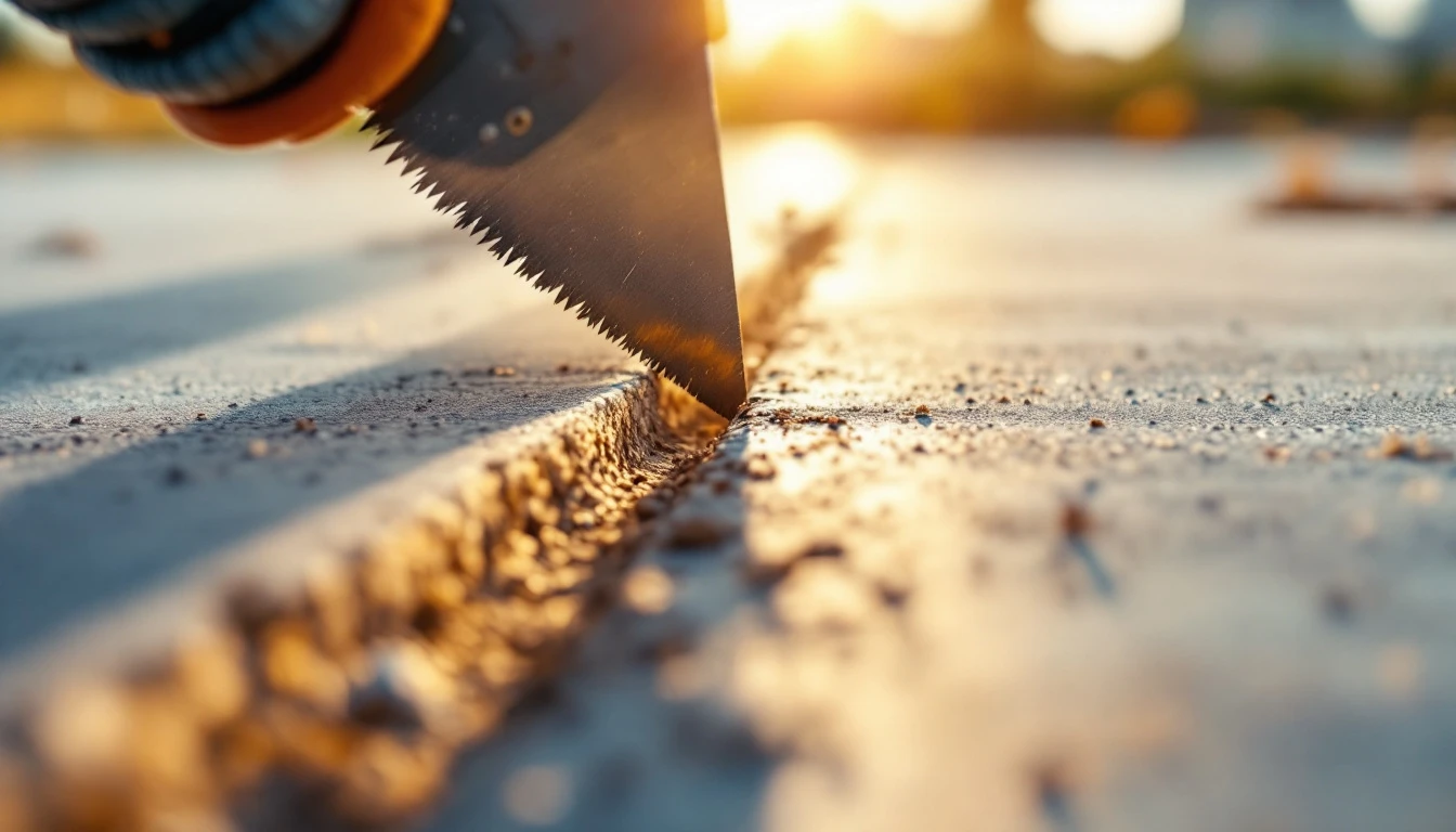 Fresh sawn control joint cutting across a new pale concrete slab in warm light