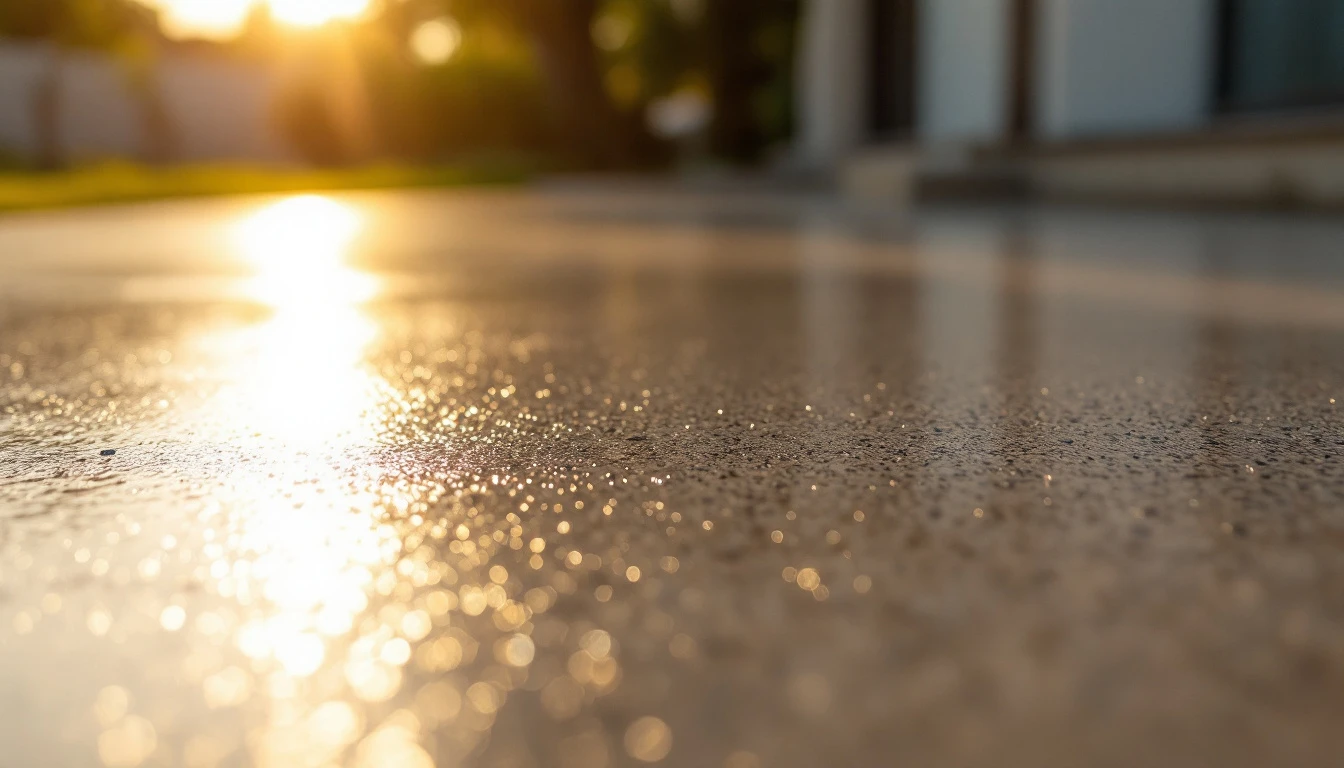 Glossy sealer sheen across a freshly poured concrete surface