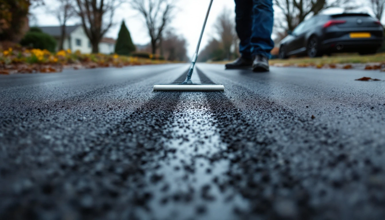 Fresh sealcoat squeegee lines across a partly treated asphalt driveway