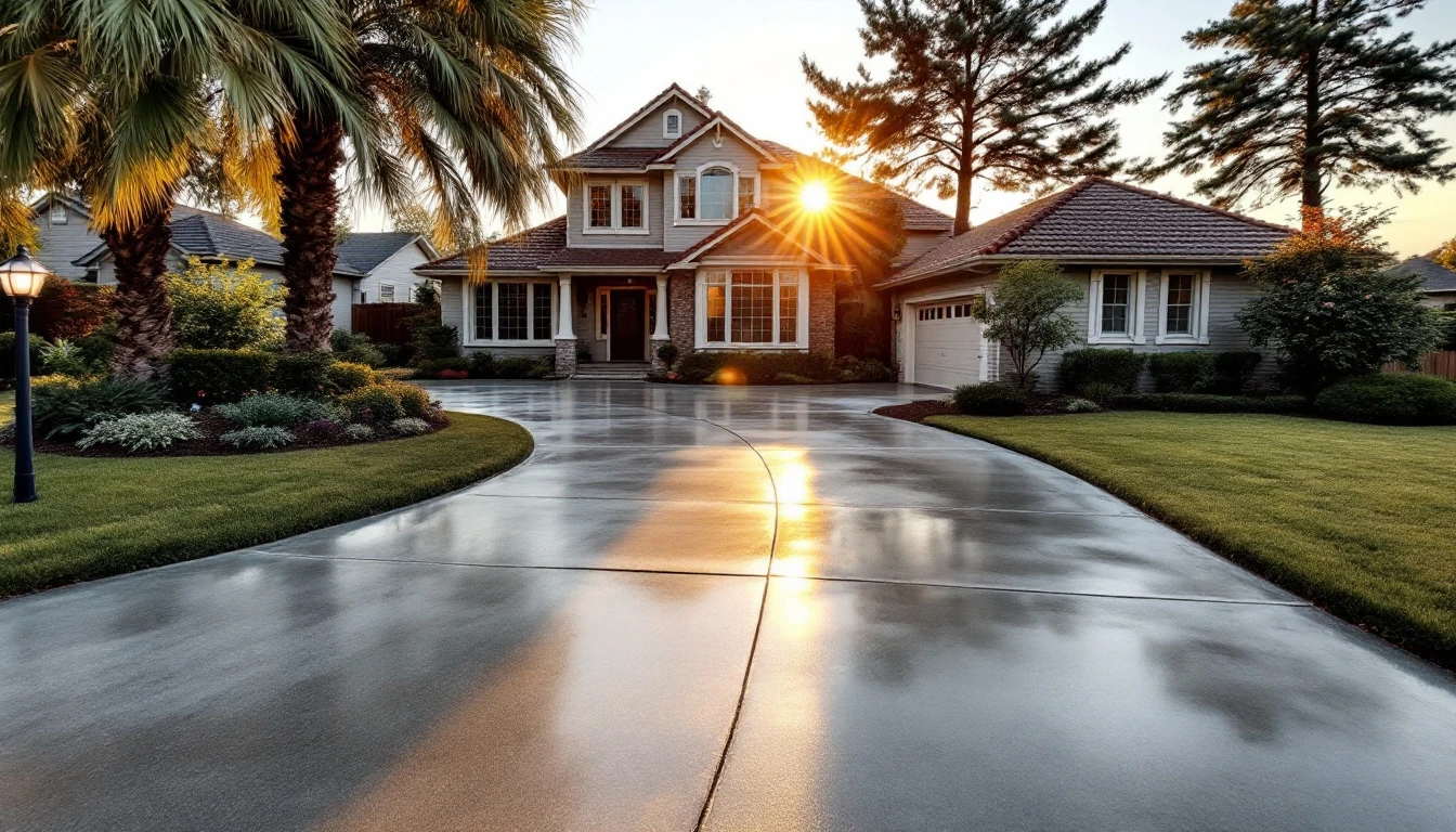 Freshly sealed concrete drive glowing in warm evening light
