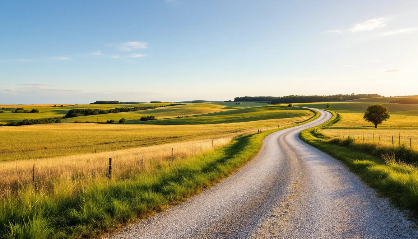 Freshly graded gravel drive curving through open pasture land