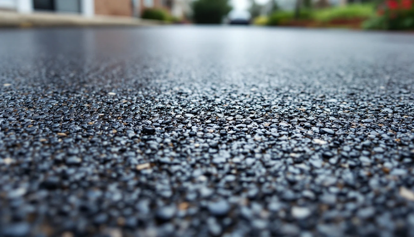 Freshly sealed asphalt driveway with a dark wet sheen