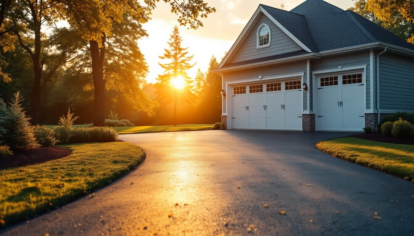 Freshly sealed driveway glowing in evening light before a garage