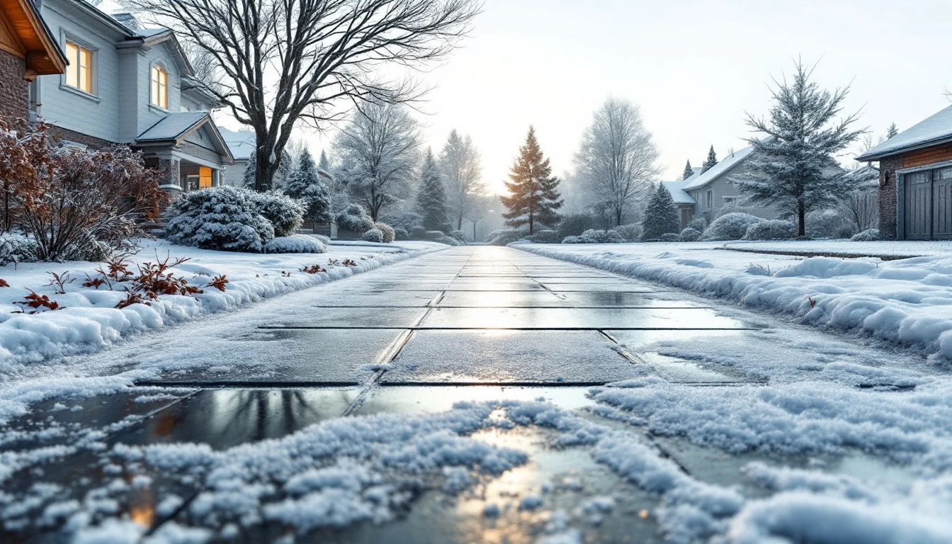 Frost dusted concrete driveway under a flat pale winter sky
