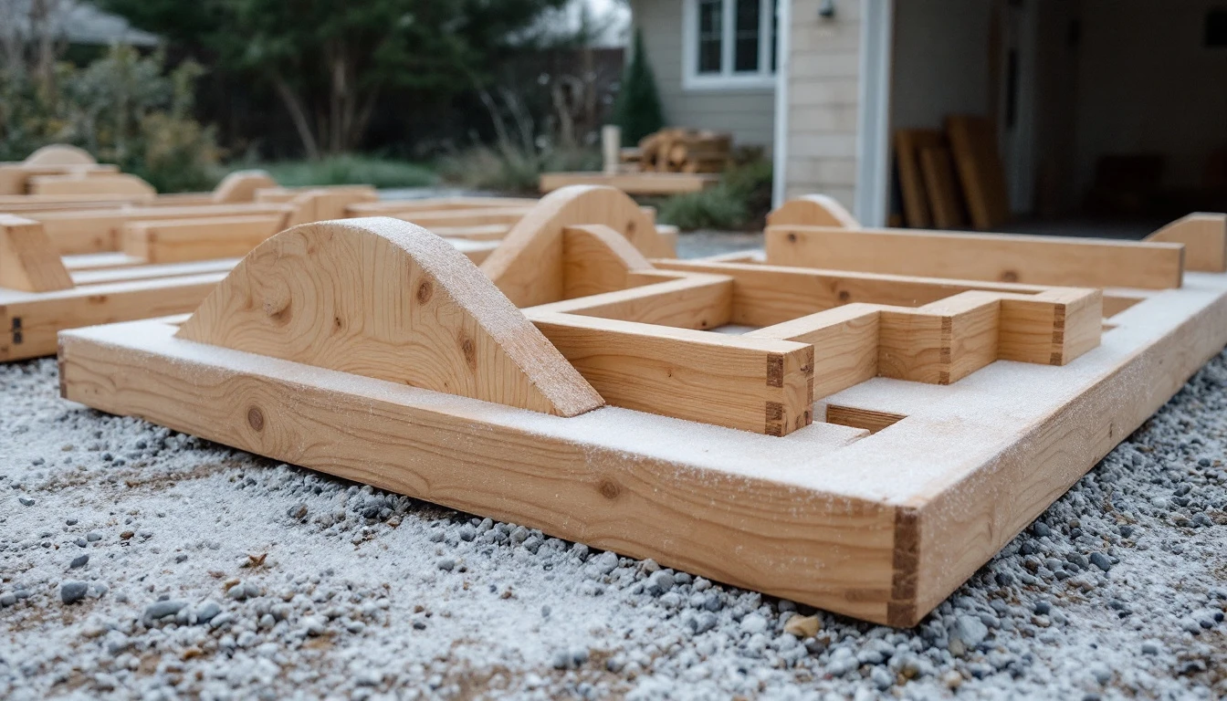 Frost dusted wooden forms set over a gravel drive base
