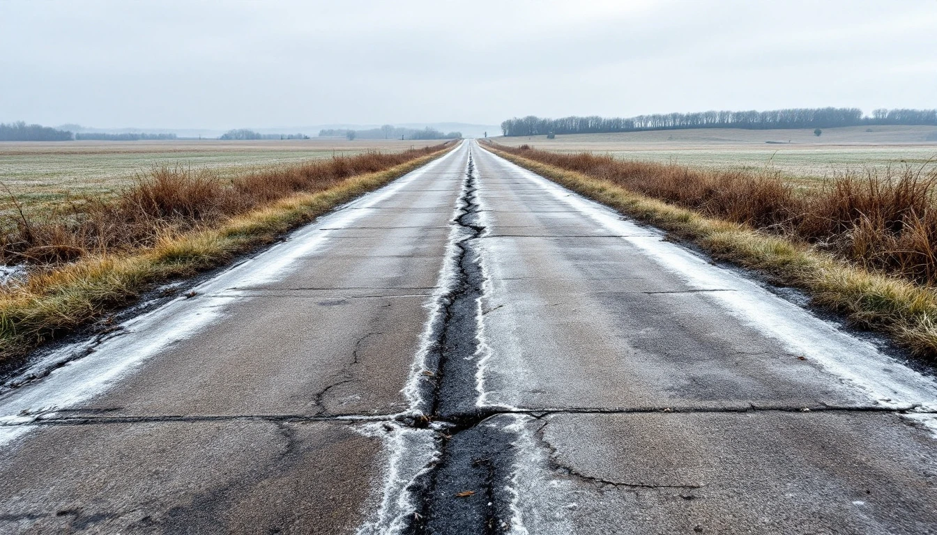 Frost lining the joints of a weathered concrete lane through open pasture