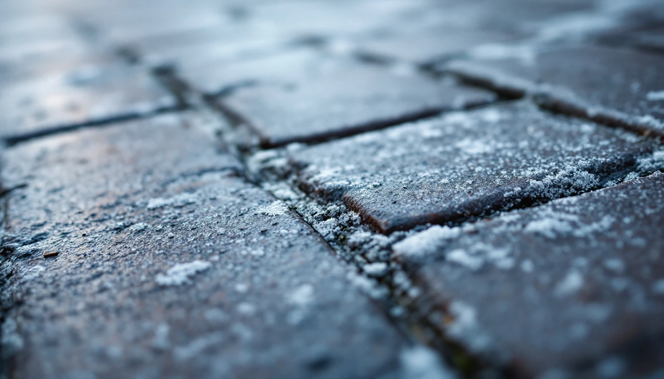 Frost lined paver joints on a weathered surface under gray sky