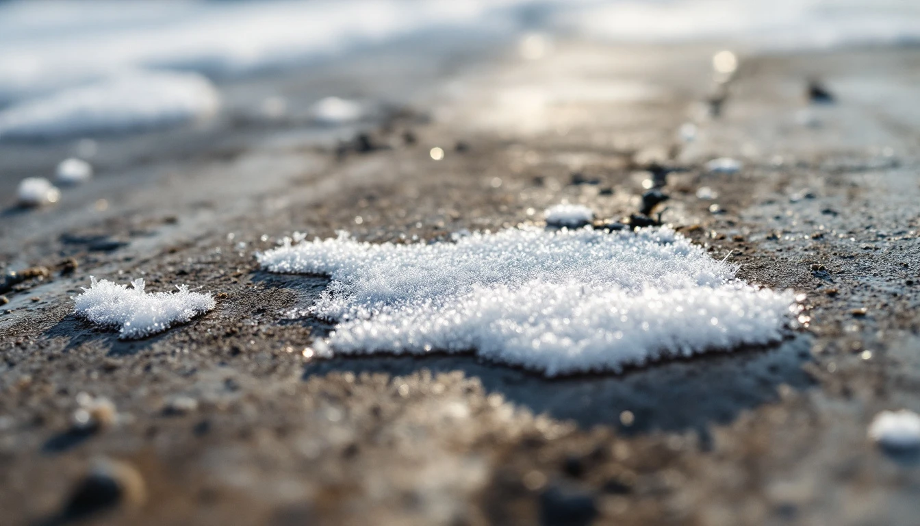 Melting frost patch on a weathered concrete slab in bright sun