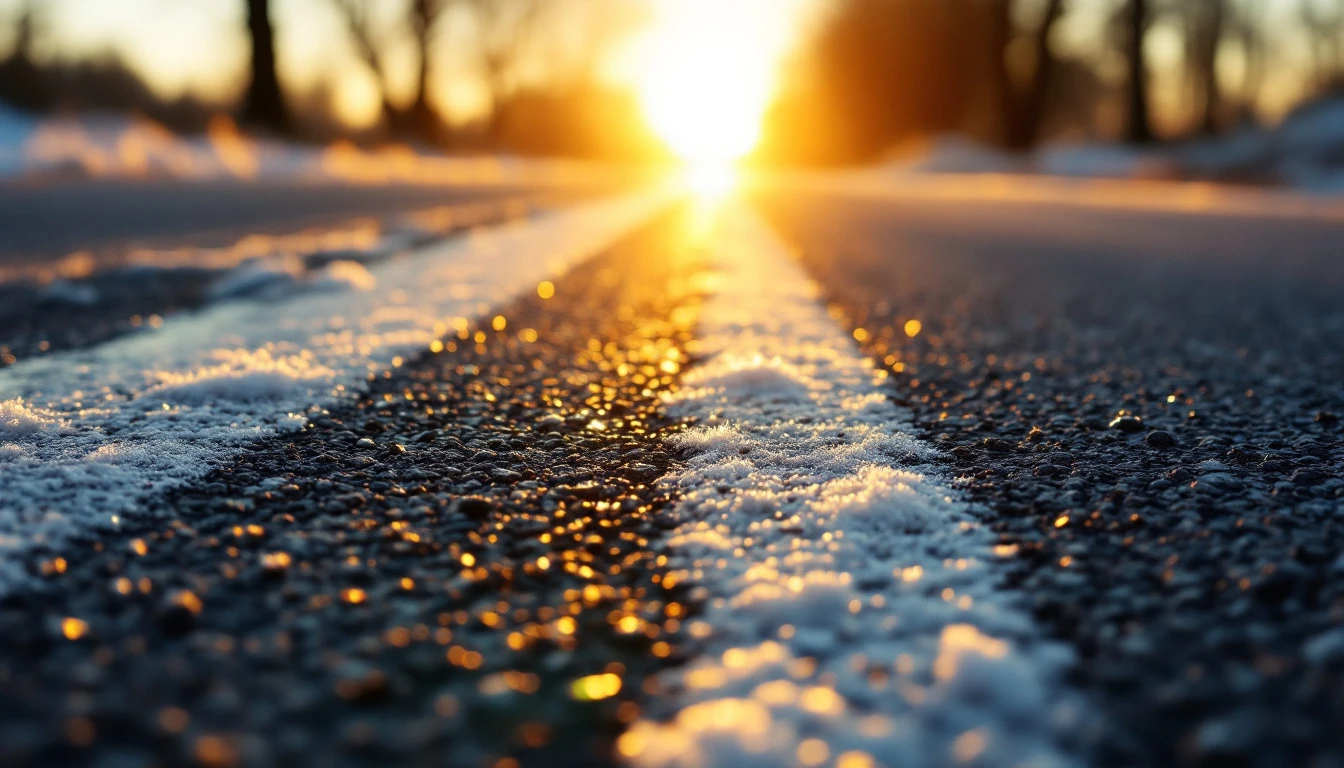 Frost riming the edge of a sealed asphalt lane under cold morning light