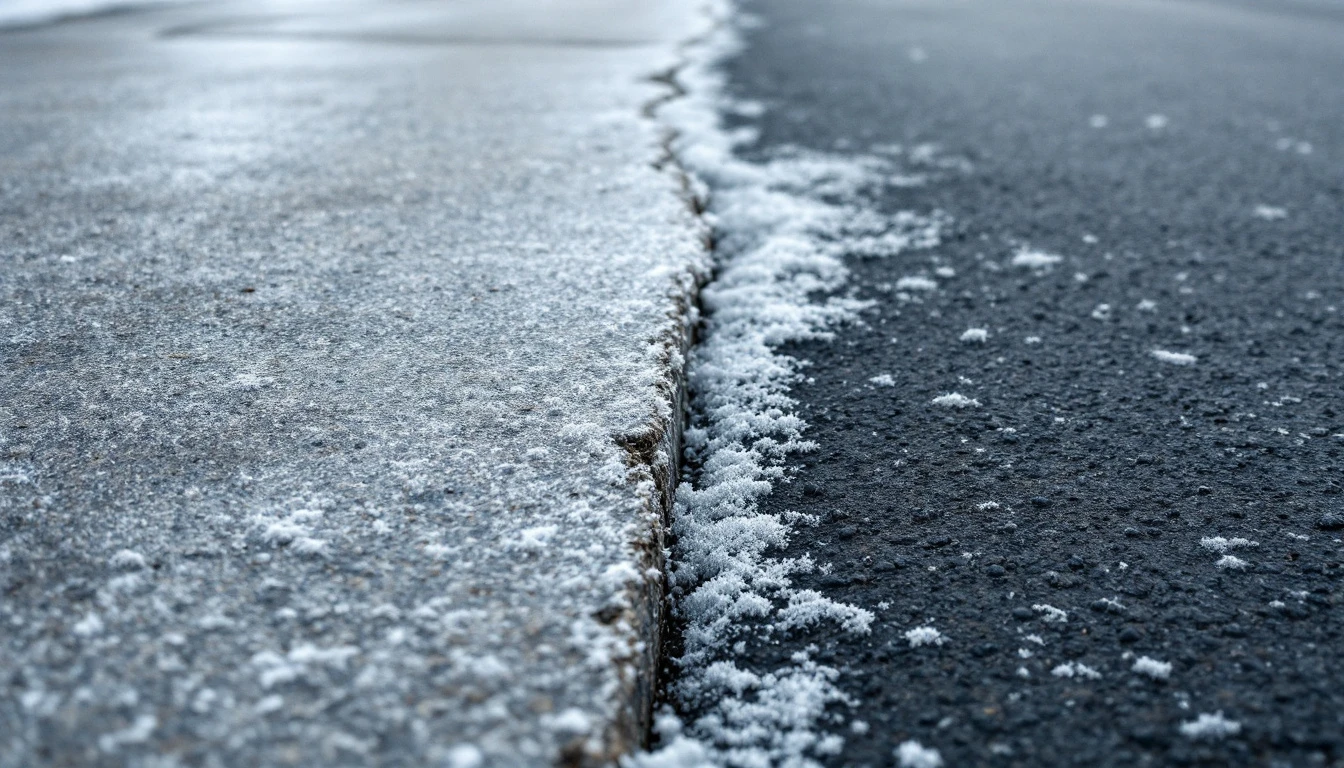 Light frost along the seam where a concrete drive meets asphalt