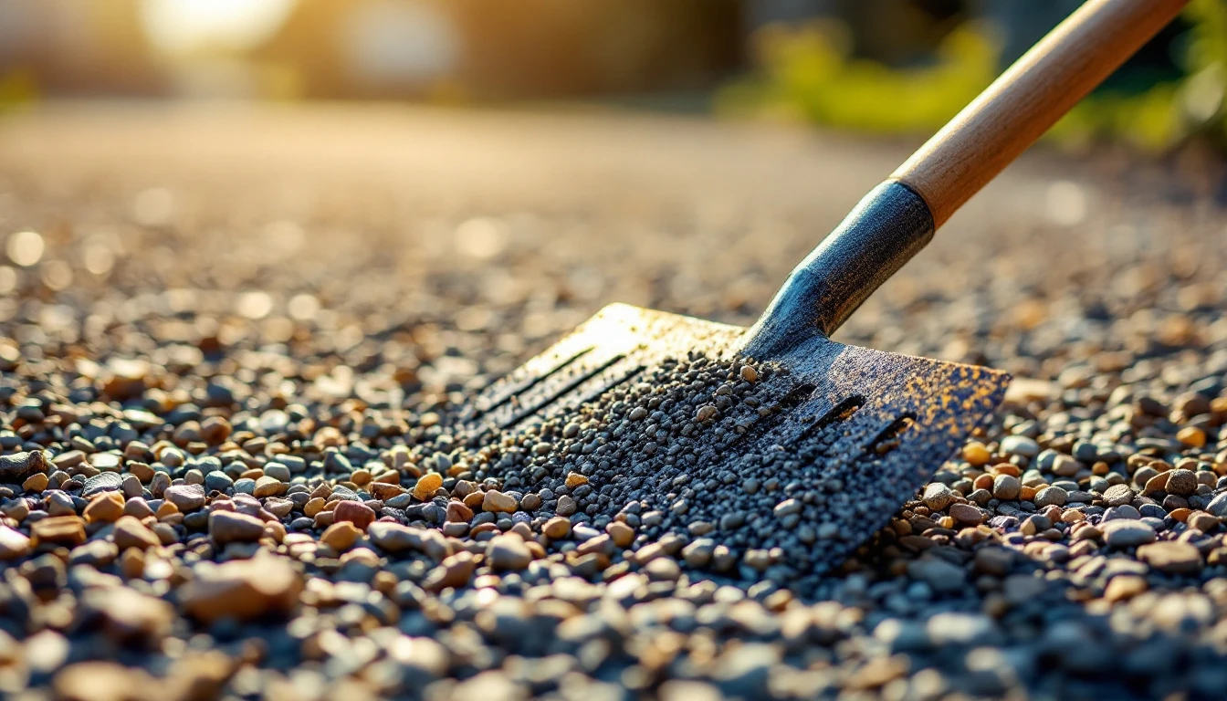 Rake resting on freshly spread gravel during a driveway refresh project
