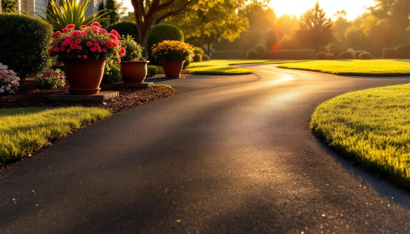 Gleaming sealed asphalt drive framed by flower pots and lawn