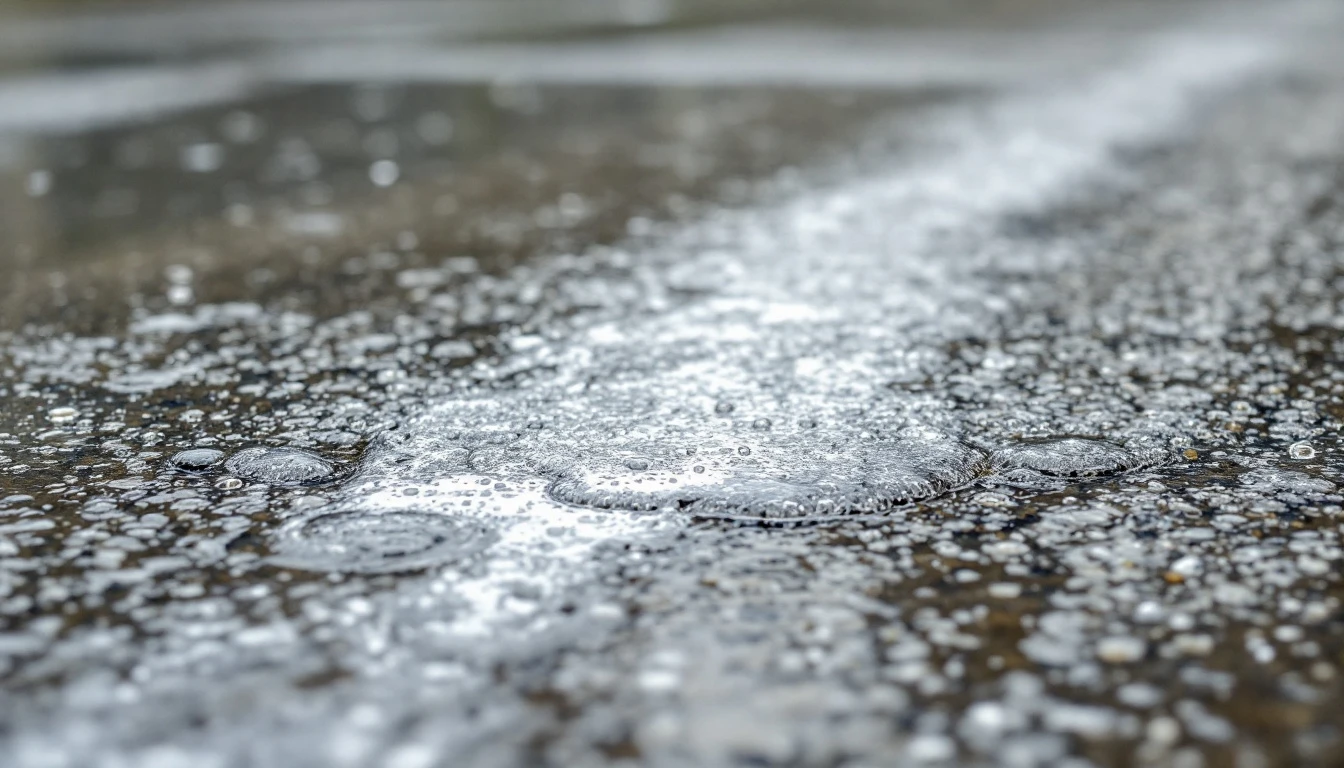 Glossy clear coating beading meltwater across a sealed concrete surface