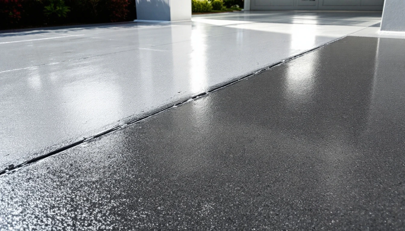 Glossy gray finish half applied across a concrete garage apron