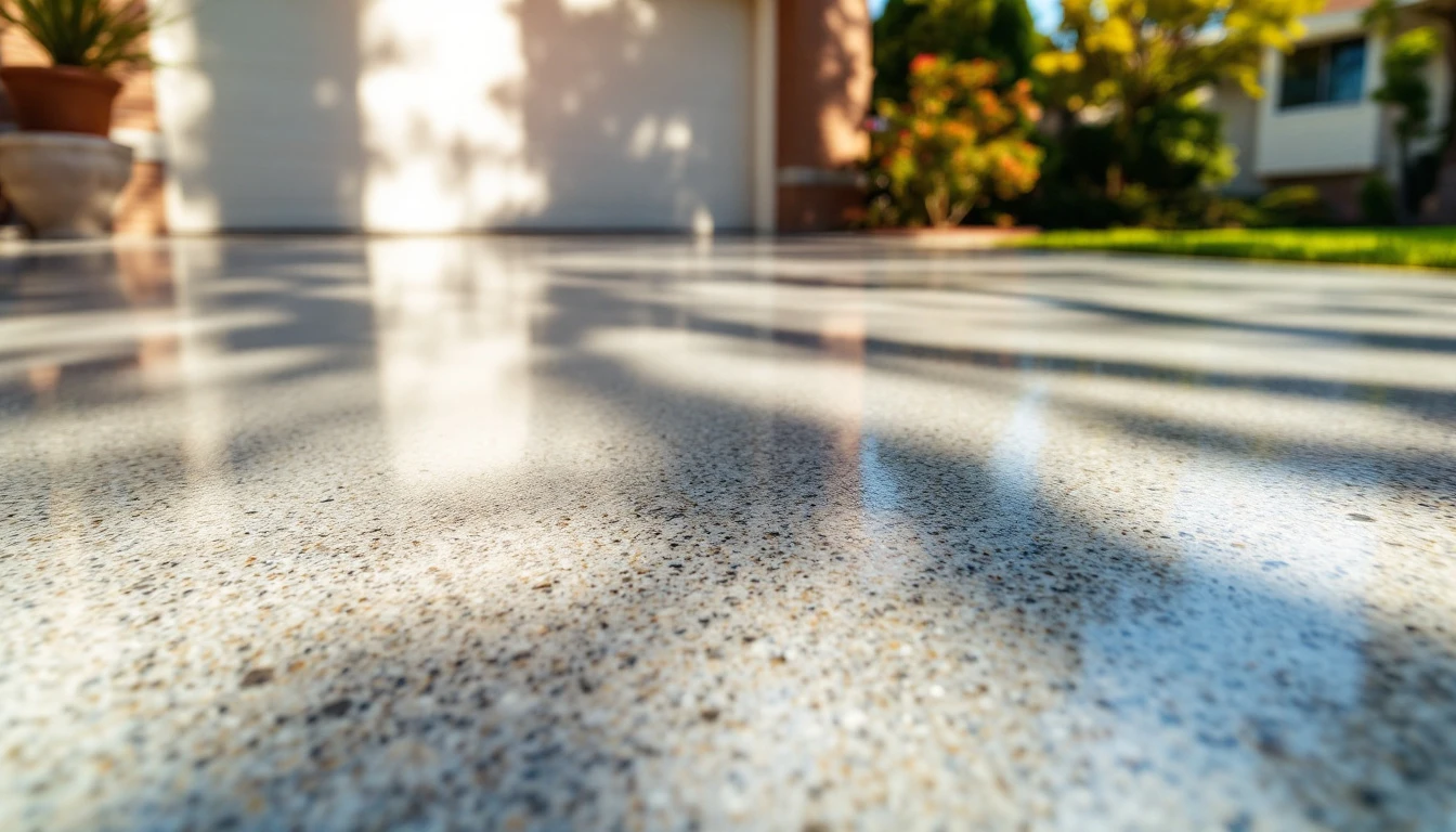 Glossy sealed concrete driveway reflecting bright sun in front of a garage