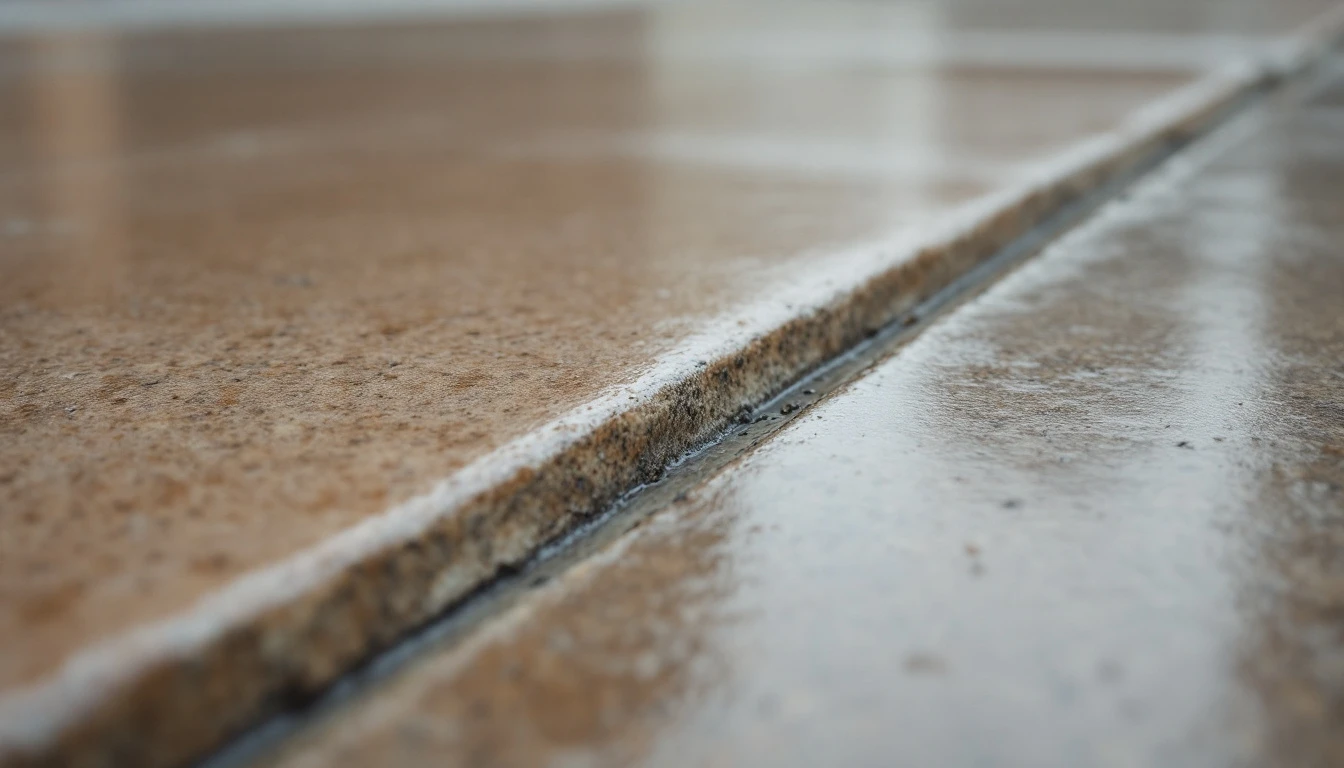 Glossy sealed concrete meeting dull unsealed slab at a seam