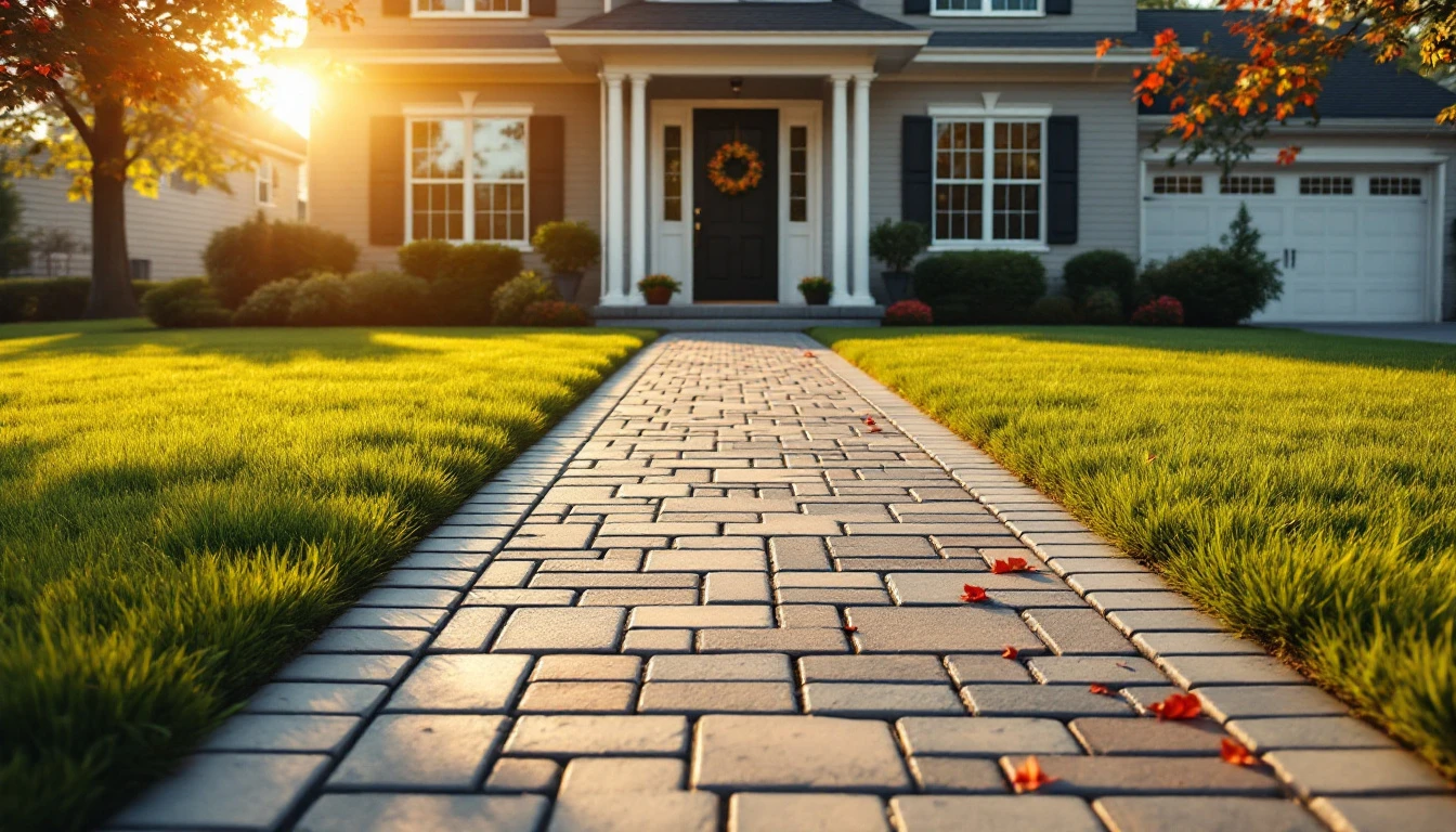 Glossy sealed paver driveway glowing in warm evening light