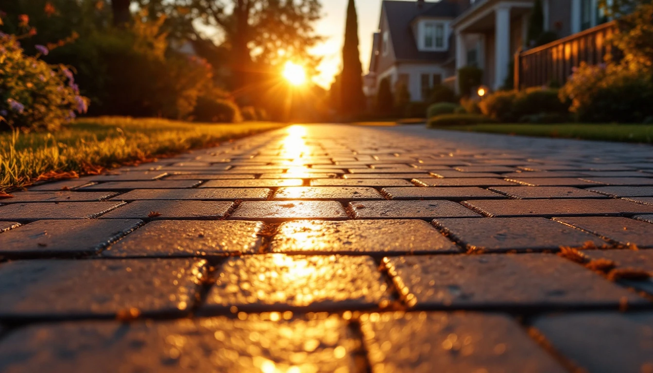 Glossy sealed pavers catching warm evening light along the frontage