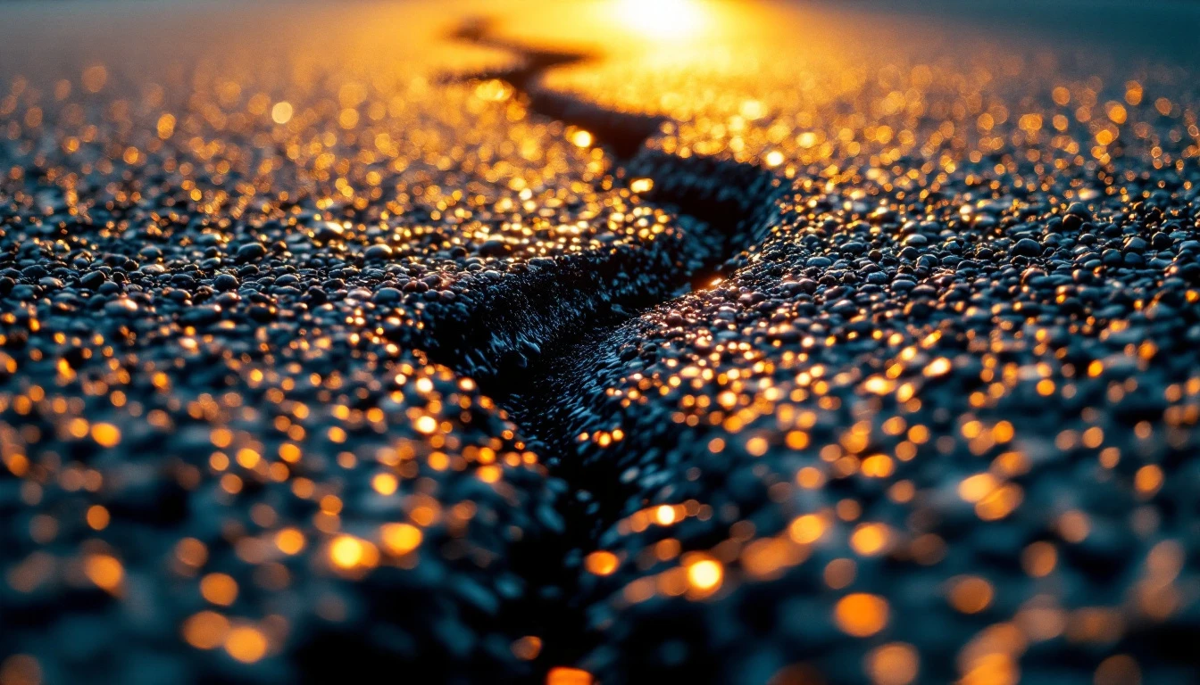 Glossy dark filler ribbon settling into a long crack in weathered asphalt