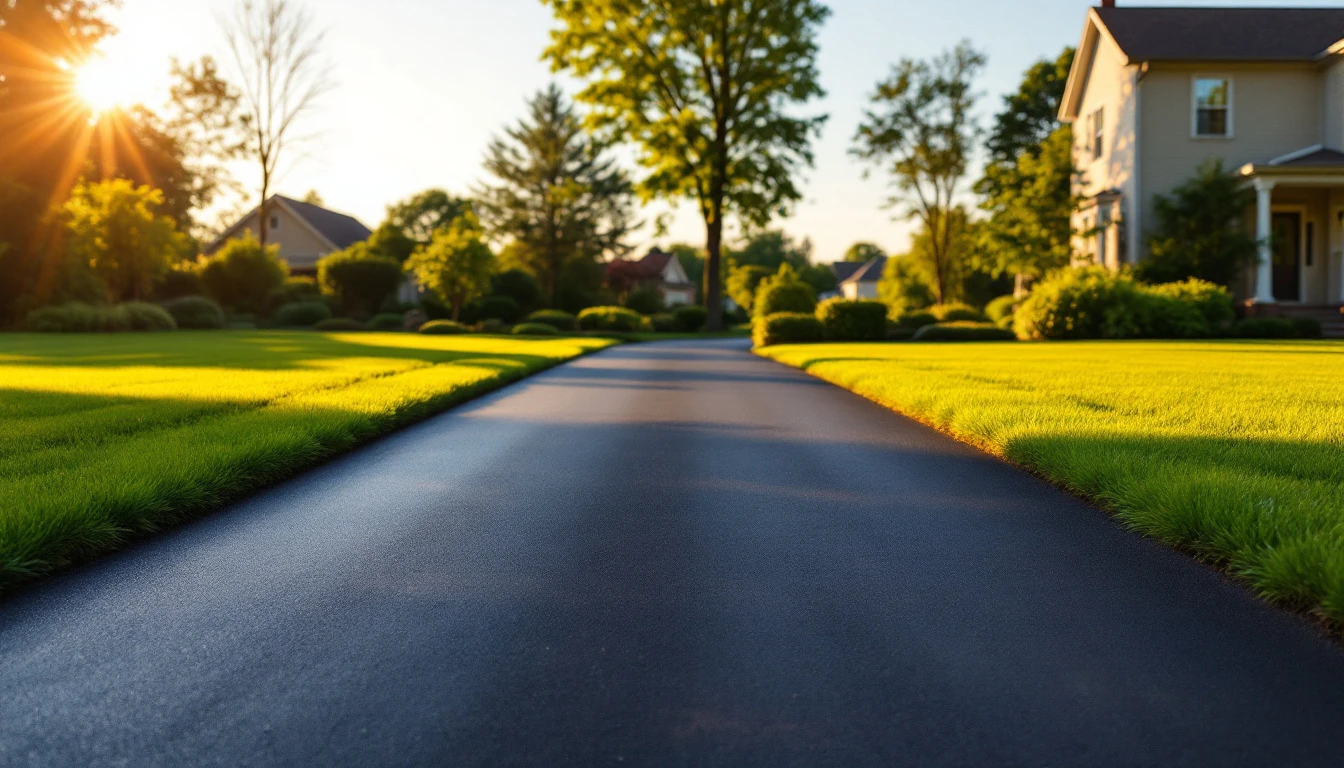 Freshly sealed dark driveway framed by tidy lawn edges