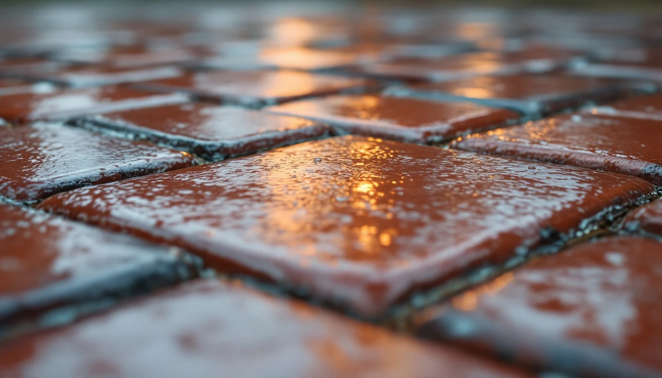 Freshly sealed pavers with a glossy wet sheen after rain