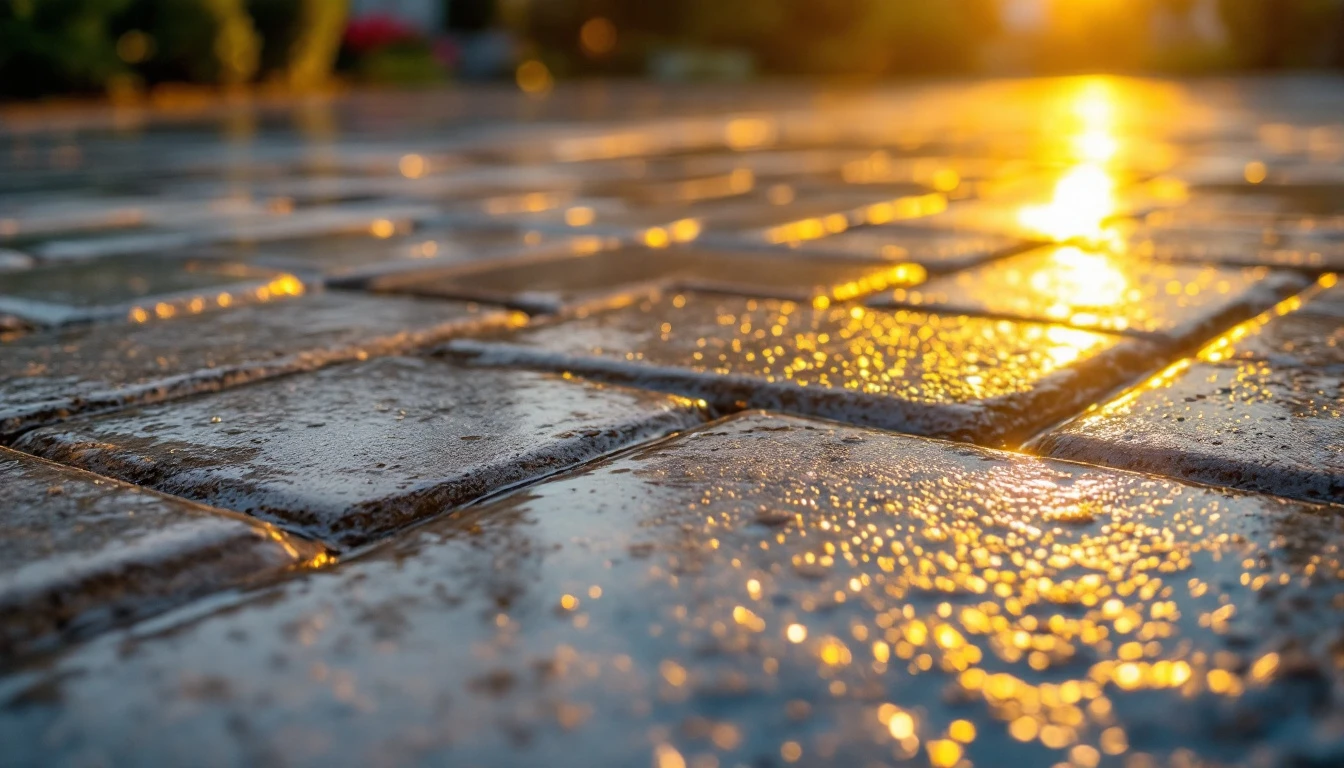 Glossy acrylic sealer highlighting the pattern of stamped concrete