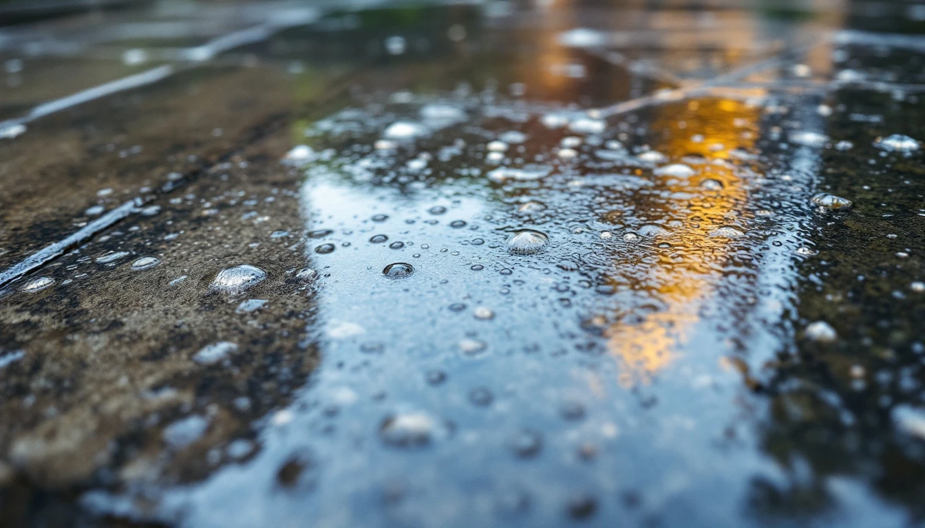Glossy sealer coating on concrete with light rain droplets