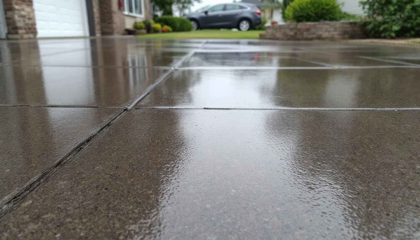 Freshly sealed concrete driveway with glossy rain sheen