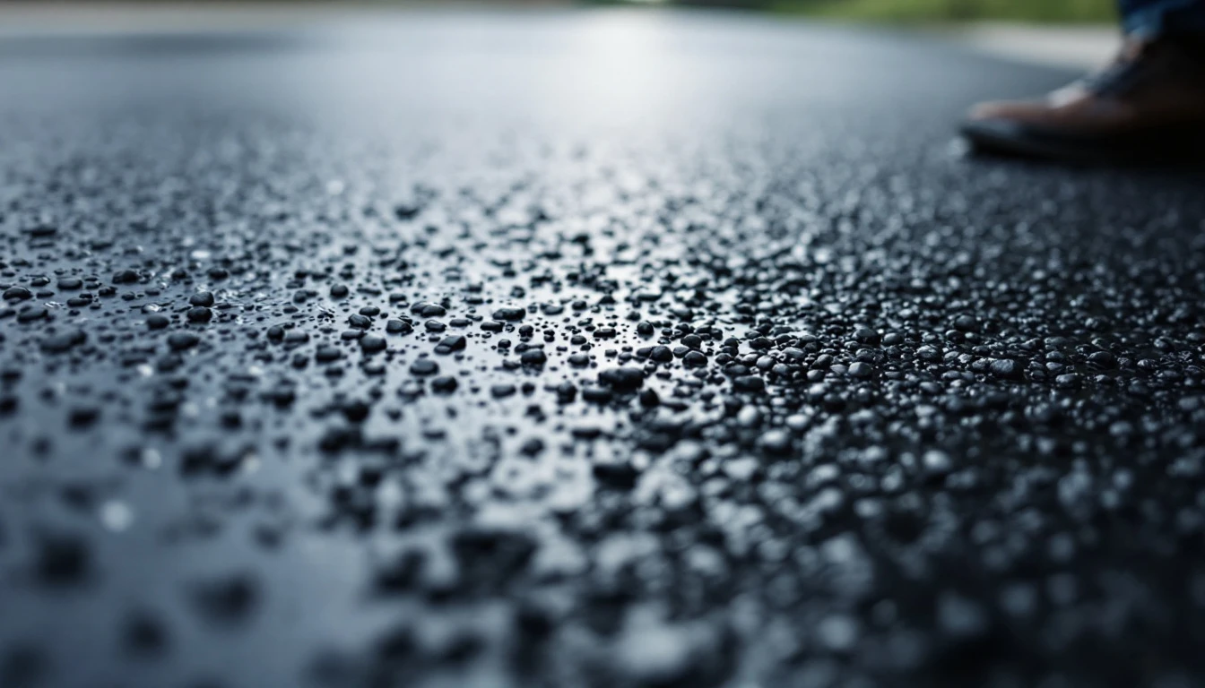 Glossy black tack coat spread over an asphalt driveway surface