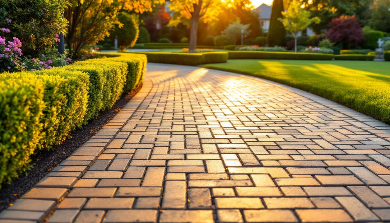 Glowing sealed paver driveway bordered by trimmed hedges at dusk