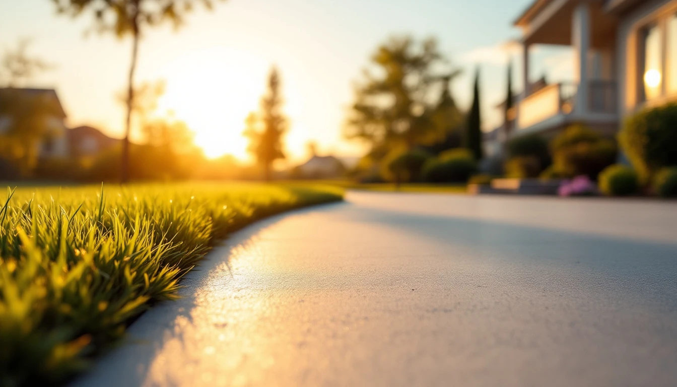 Smooth new concrete drive edged with lawn in warm evening light